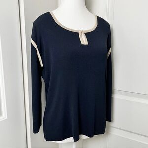 Gerard Pasquier French Brand Knit Blue Cream Scoop Neck Blouse, Size 4/Small